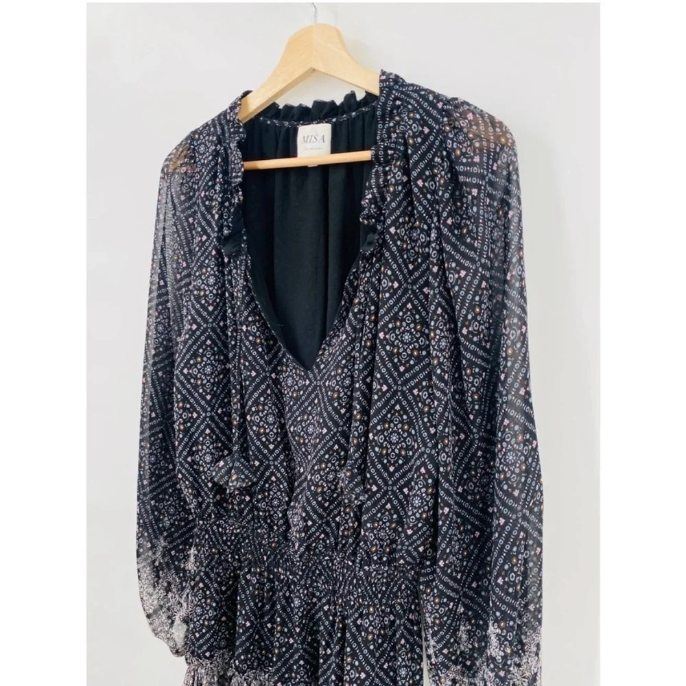 MISA LA Long Sleeve Smocked‎ Waist Lorena Dress black